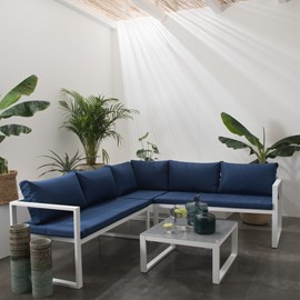 Salon de jardin ibiza 4 places en aluminium blanc et tissu bleu