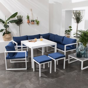 Salon modulable ibiza, 7 places, tissu bleu, alu blanc