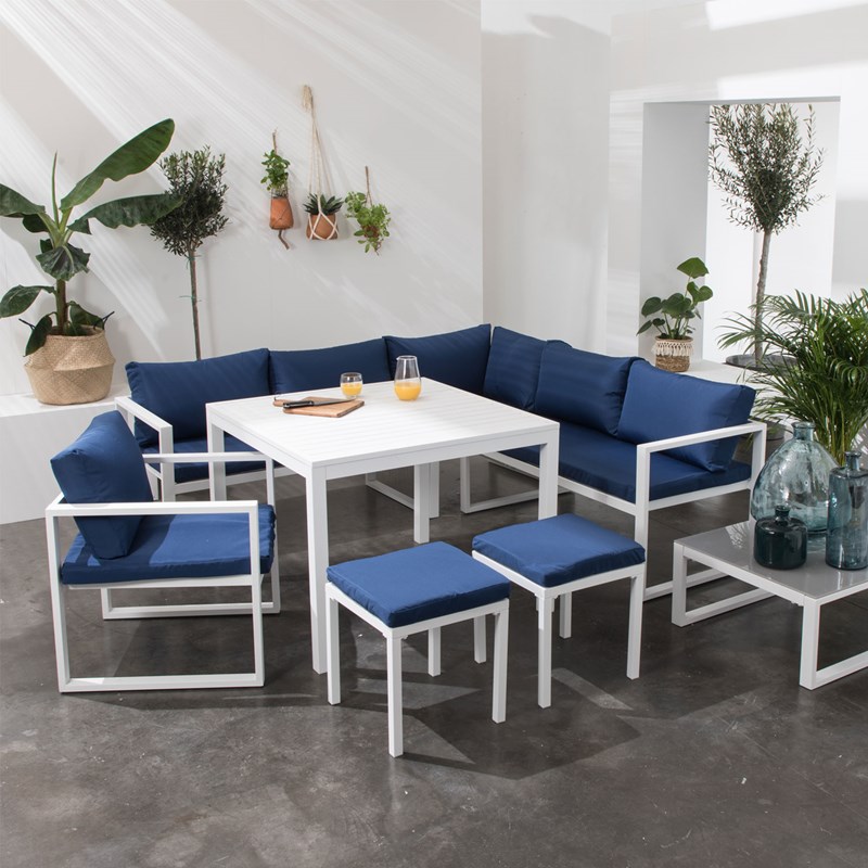 Salon modulable ibiza, 7 places, tissu bleu, alu blanc