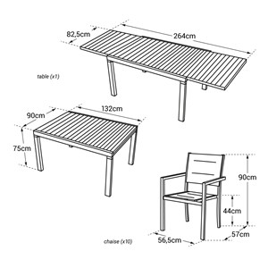 Salon de jardin venezia extensible 10 places textilène gris - aluminium blanc