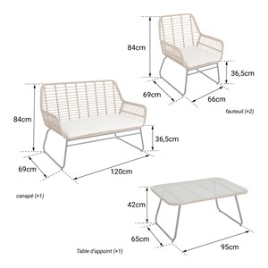Salon de jardin maré en résine tressée 4 places - coussins gris