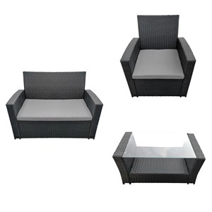 Salon de jardin comino en résine tressée noir 4 places - coussins gris