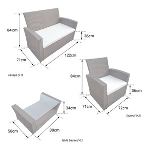 Salon de jardin comino en résine tressée noir 4 places - coussins gris