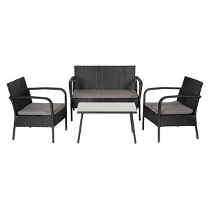 Salon de jardin lipari en résine tressée noir 4 places - coussins gris