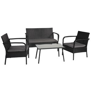 Salon de jardin lipari en résine tressée noir 4 places - coussins gris