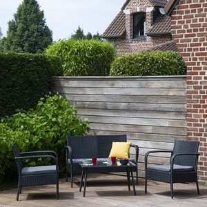 Salon de jardin lipari en résine tressée noir 4 places - coussins gris