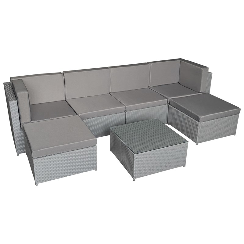 Salon de jardin bonifacio résine tressée gris 6 places coussin gris