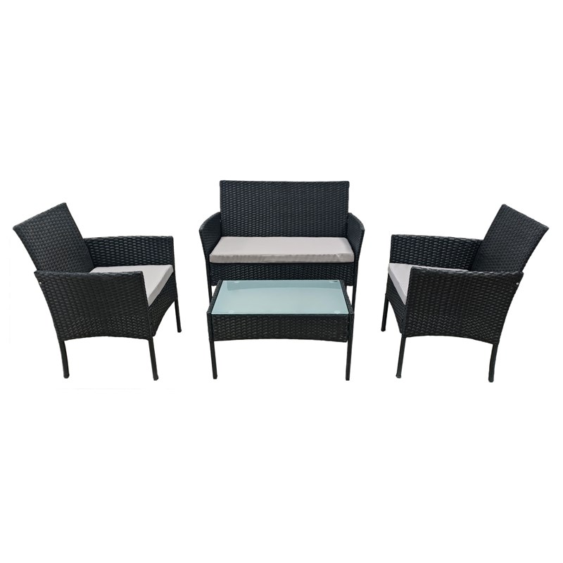 Salon de jardin corfou en résine tressée noire 4 pl. Coussins gris