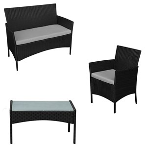 Salon de jardin corfou en résine tressée noire 4 pl. Coussins gris