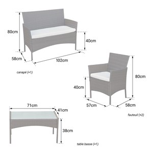 Salon de jardin corfou en résine tressée noire 4 pl. Coussins gris