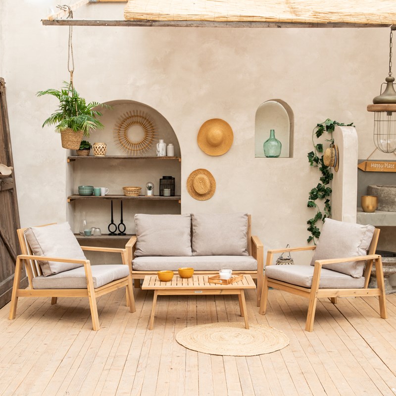 Salon de jardin en acacia 4 places gili - coussins sable