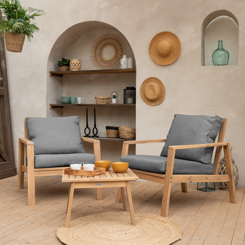 Salon de jardin en acacia 2 places gili - coussins gris