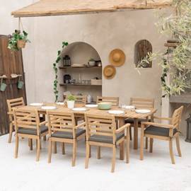 Salon de jardin padar 180&nbsp;240cm 8pl. Acacia coussin gris