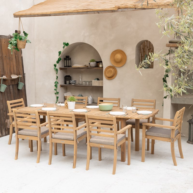 Salon de jardin padar 180&nbsp;240cm 8pl. Acacia coussin sable