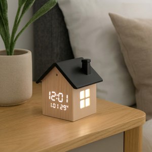 Réveil digital maison aspect bois