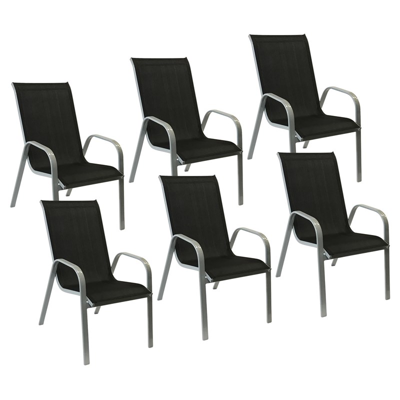 Happy Garden - Lot de 6 chaises marbella en textilène noir - aluminium gris
