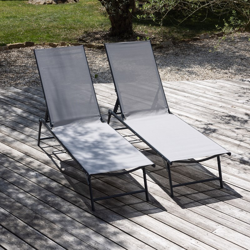 Lot de 2 bains de soleil pliants sicilia textilène gris - structure anthracite