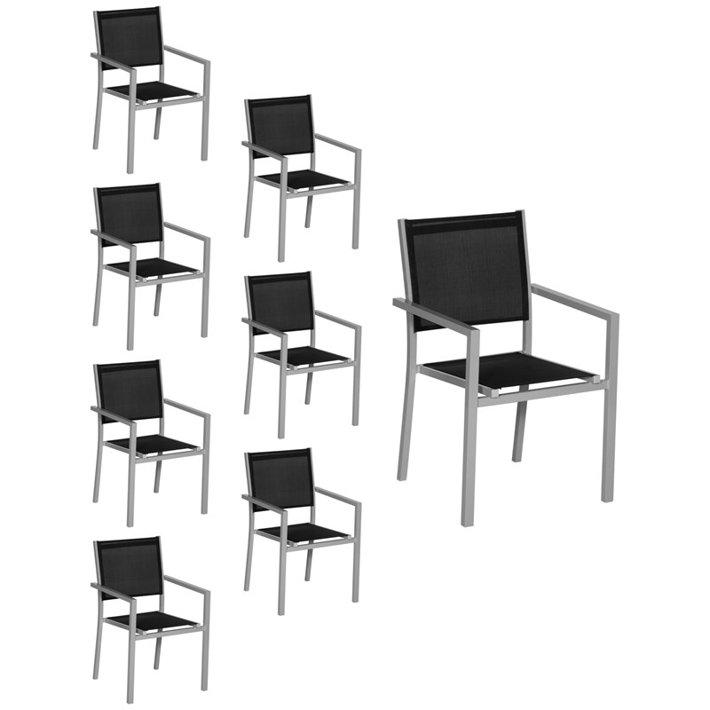Happy Garden - Lot de 6 chaises en aluminium gris - textilène noir