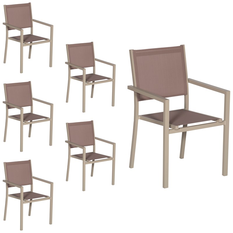 Lot de 6 chaises en aluminium taupe - textilène taupe