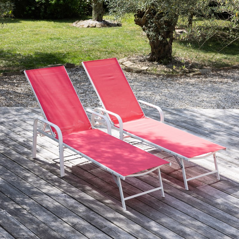 Lot de 2 bains de soleil sardinia en textilène rose struct. Blanche