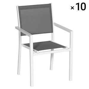 Lot de 10 chaises en aluminium blanc - textilène gris