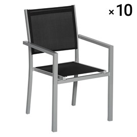 Lot de 10 chaises en aluminium gris - textilène noir