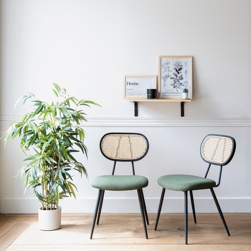 Happy Garden - Lot de 2 chaises en cannage et tissu boucle vert kaki elena