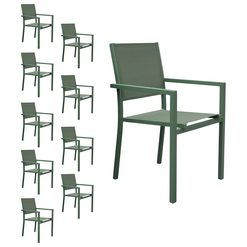Lot de 10 chaises en aluminium et textilène vert sauge