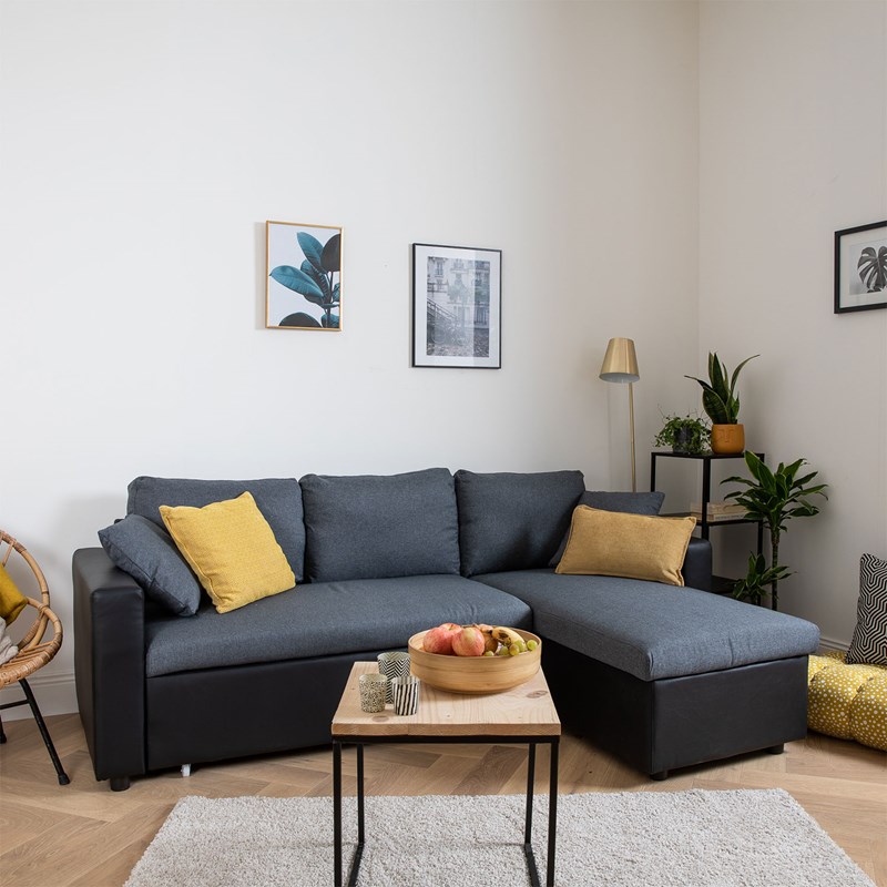 Canapé d'angle convertible clark 3 places gris chiné et noir