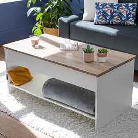 Table basse avec plateau relevable blanche et bois hedda