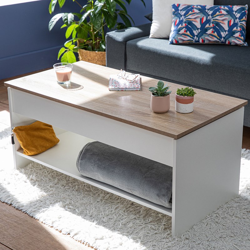 Table basse avec plateau relevable blanche et bois hedda