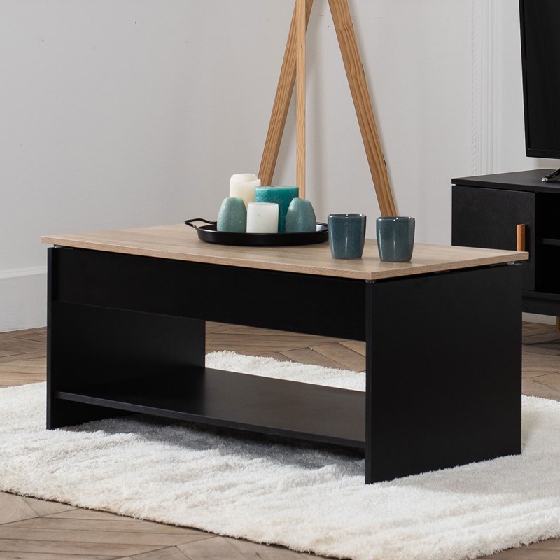 Table basse avec plateau relevable noire et bois hedda