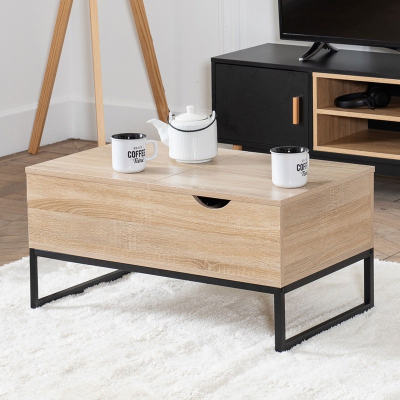 Table basse avec plateaux relevables noire et bois lotta