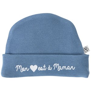 Bonnet de naissance doublé pur coton mon cœur est à maman pierre bleue