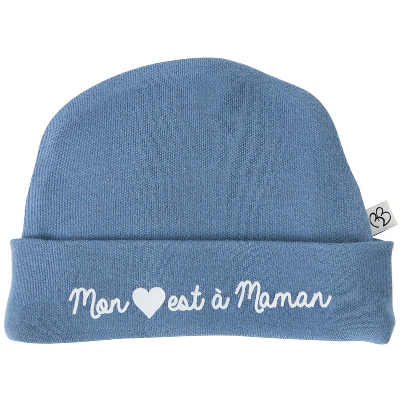 Bonnet de naissance doublé pur coton mon cœur est à maman pierre bleue