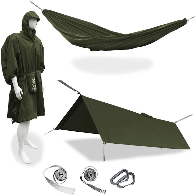 Trail Hoppers - Cape 3 en 1 trail hoppers : poncho, hamac et tarp vert kaki