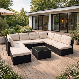 Yanuca salon de jardin 8 places en résine tressée noir et beige