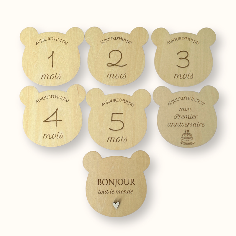 Cartes étapes en bois mois par mois - forme ours