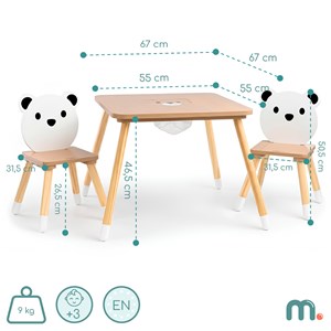 Table et 2 chaises enfant, espace de travail & jeux avec un panier de rangement