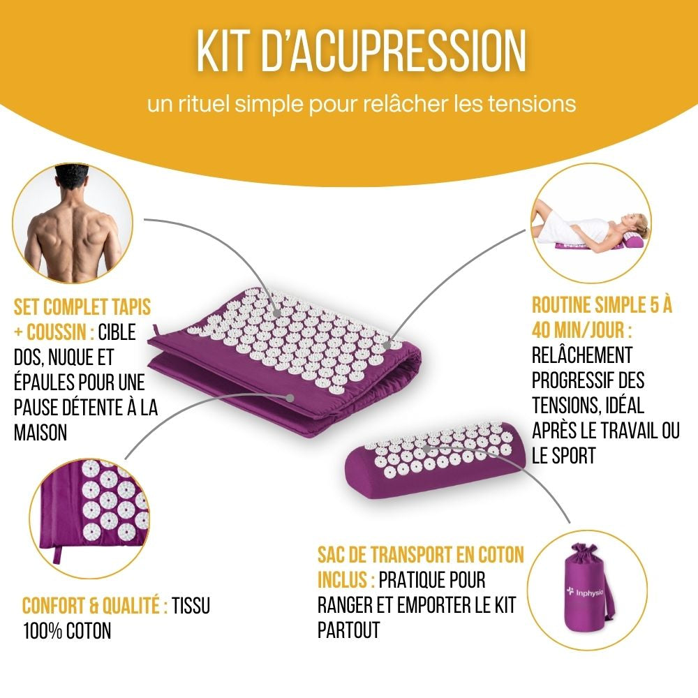 Tapis D'acupression BULZEU Avec Coussin – 6210 Points De Massage, Coton + ABS, 68x42 Cm, Violet, Avec Sac De Transport