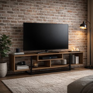 Silo meuble tv design industriel noyer et noir avec rangements - 149 cm