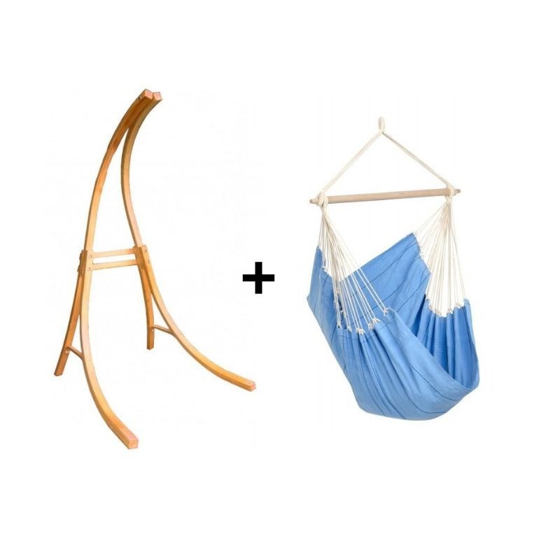 Support bois et chaise bleue