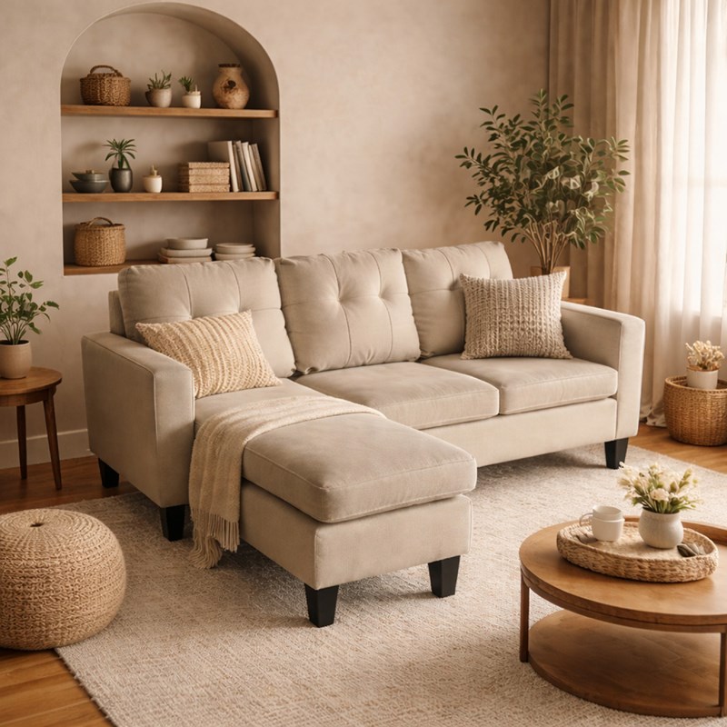 Belfast canapé d'angle 3 places en tissu beige