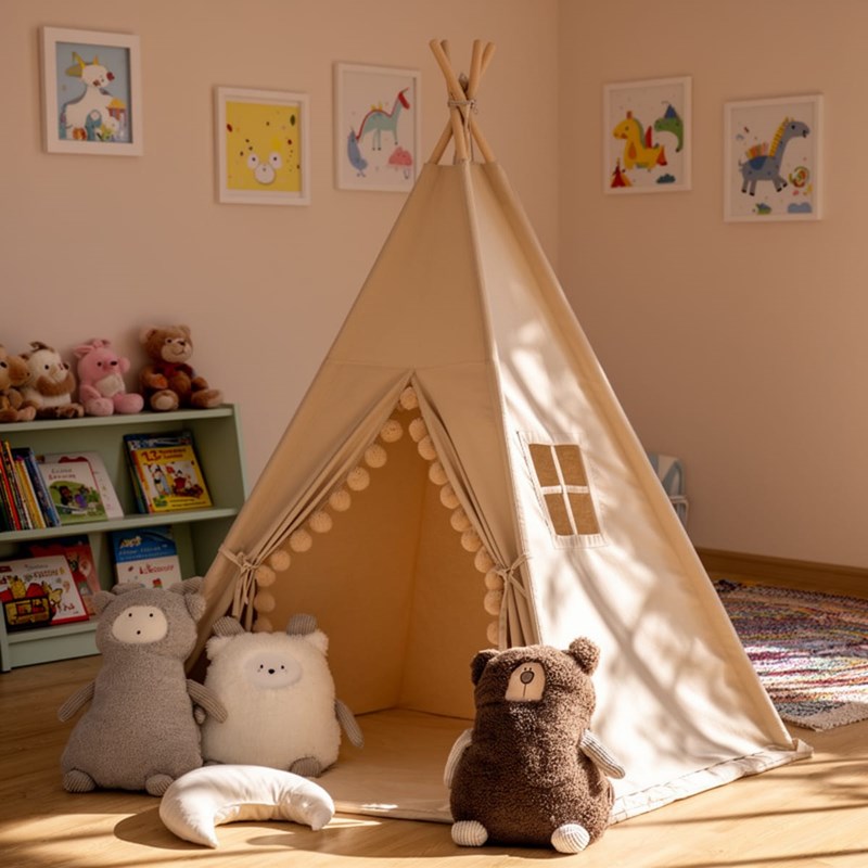 Tipi enfant gros pompons avec tapis de sol