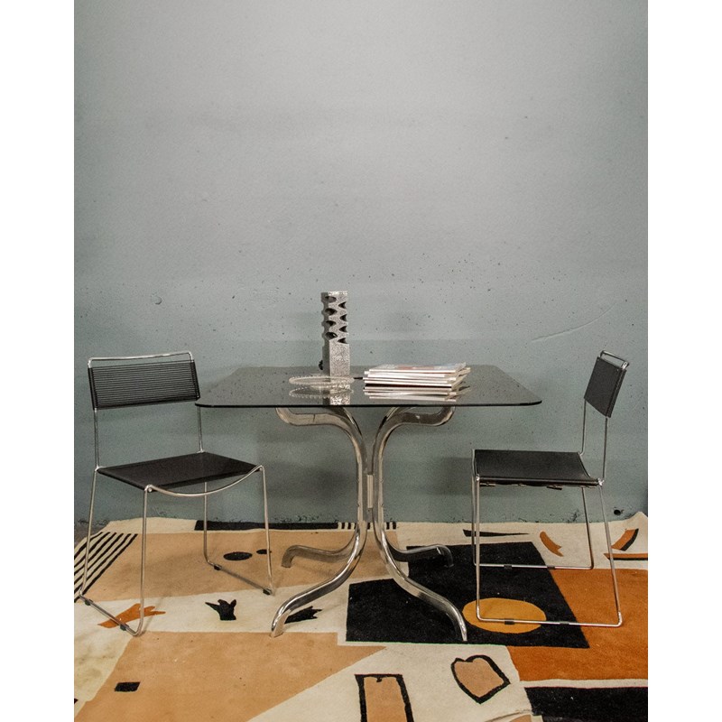 Table à manger en chrome et verre fumé n°1050