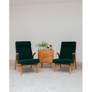 Paire de fauteuils en bois et tissu vert n°778