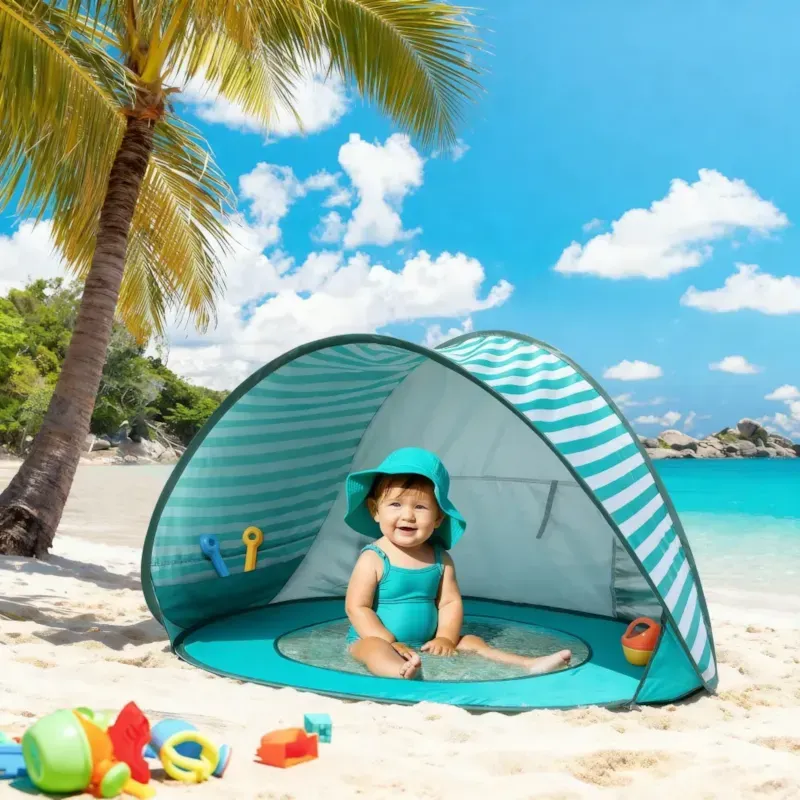 Tente de plage pour bébé avec mini piscine en polyester bleu (Babykare) - Couverture
