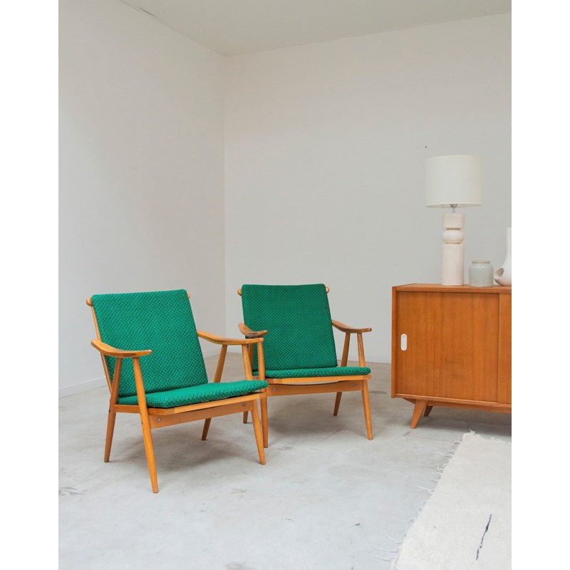 Paire de fauteuils en bois et tissu vert n°784