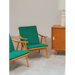 Paire de fauteuils en bois et tissu vert n°784