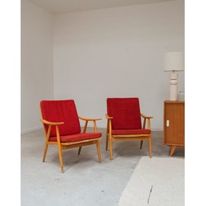 Paire de fauteuils en bois et tissu rouge n°785